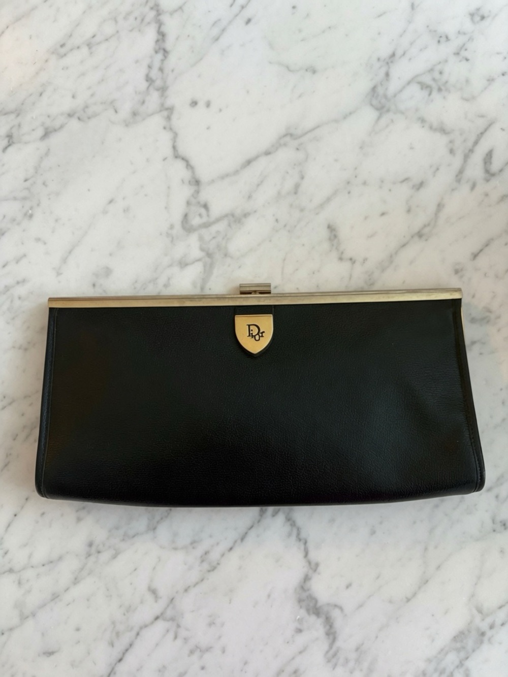 Vintage Christian Dior Black Leather Clutch with Gold Accent